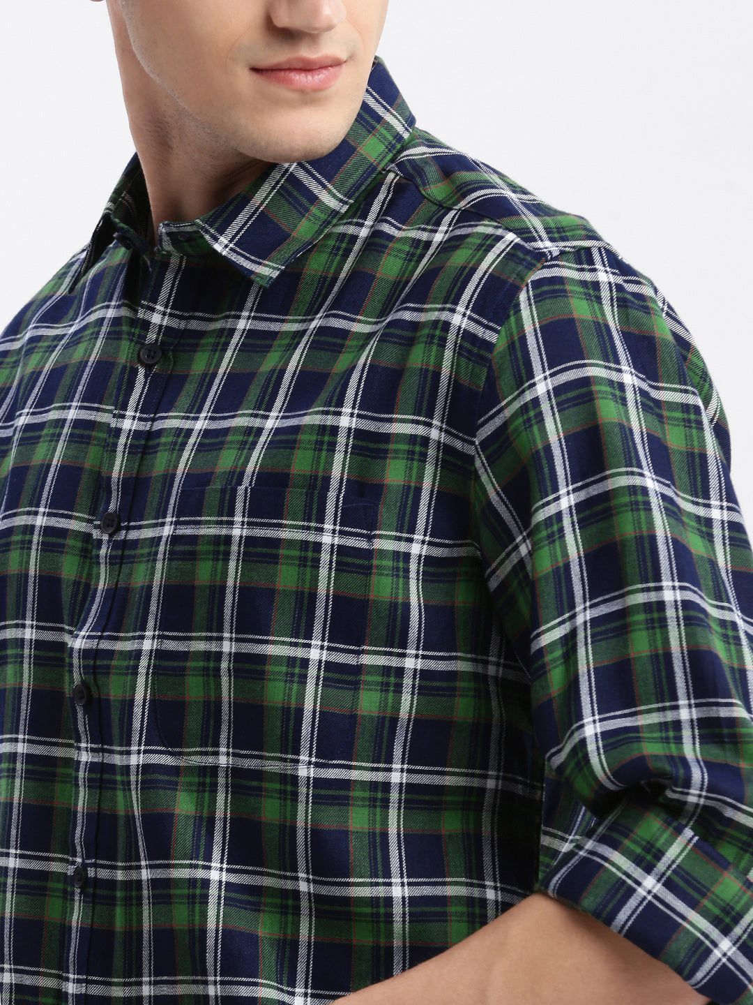 Men Spread Collar Tartan Checks Green Shirt