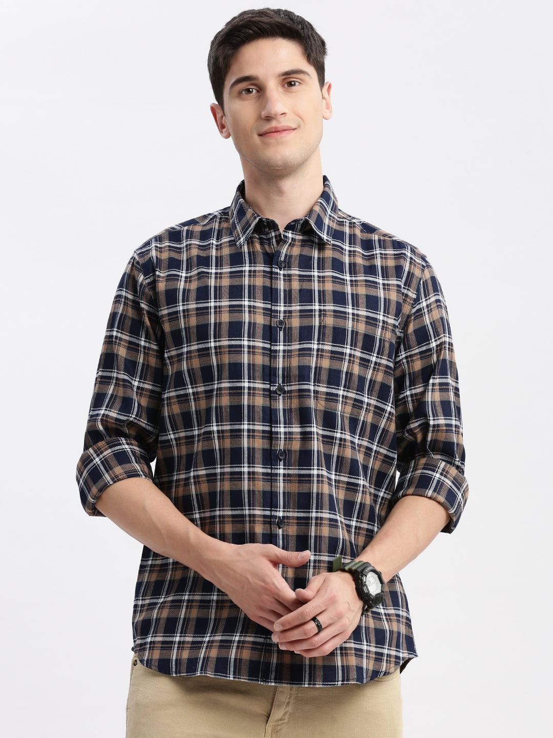 Men Spread Collar Tartan Checks Navy Blue Shirt