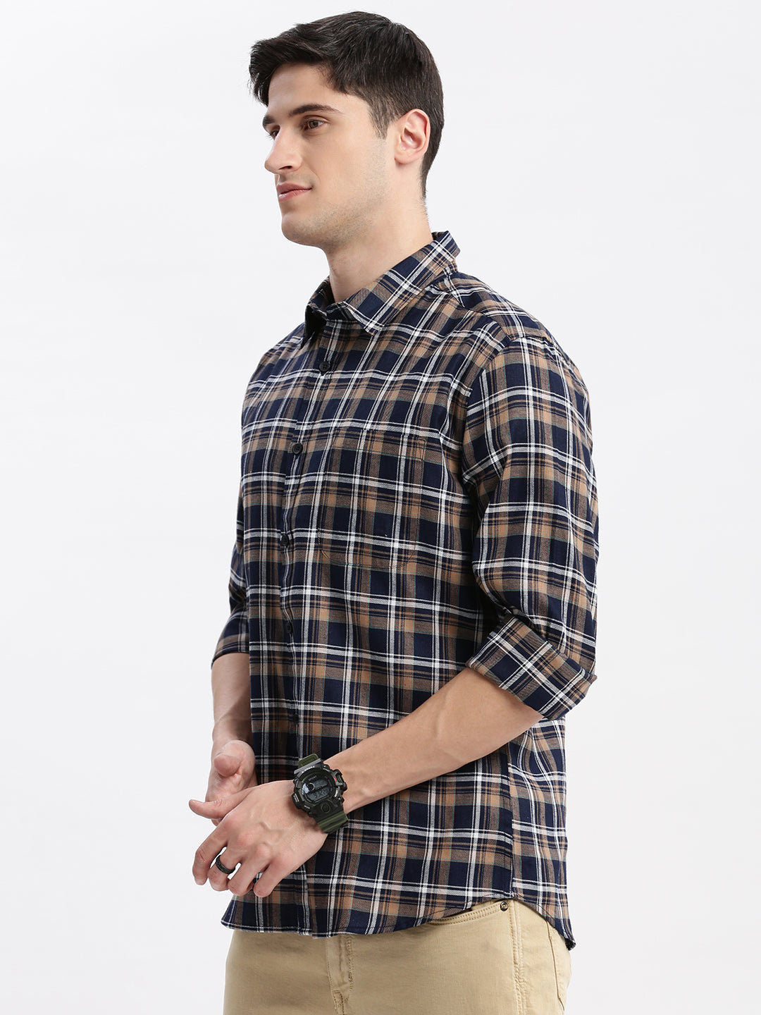 Men Spread Collar Tartan Checks Navy Blue Shirt