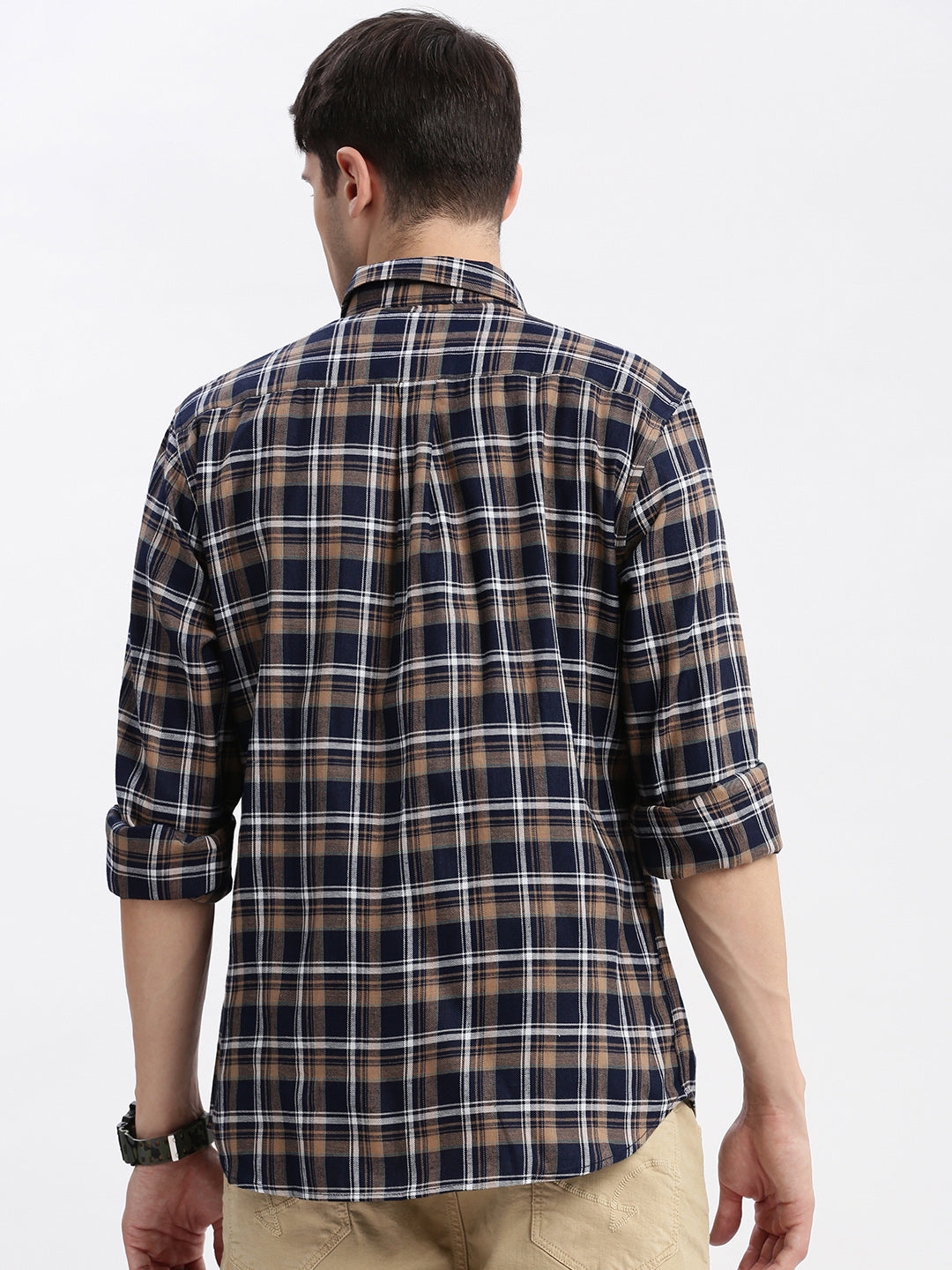 Men Spread Collar Tartan Checks Navy Blue Shirt