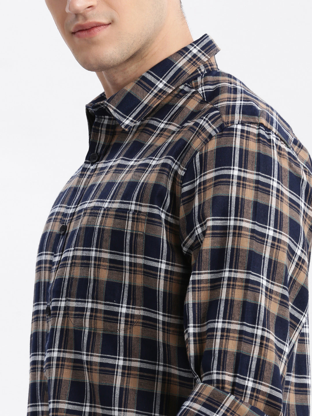 Men Spread Collar Tartan Checks Navy Blue Shirt