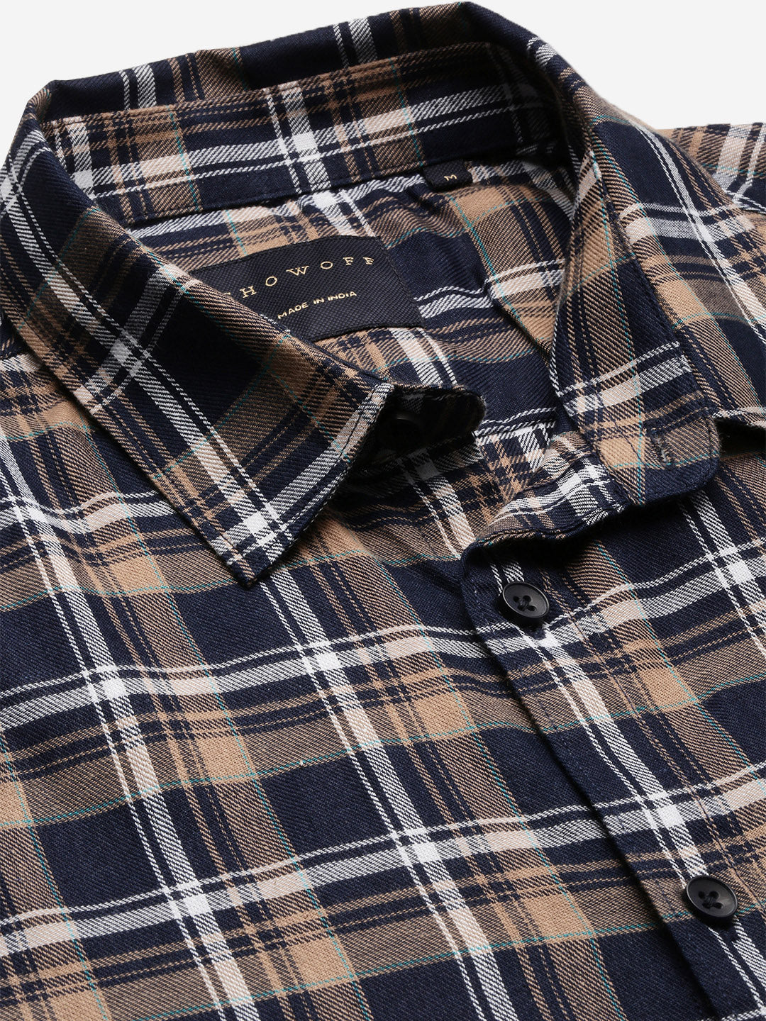 Men Spread Collar Tartan Checks Navy Blue Shirt