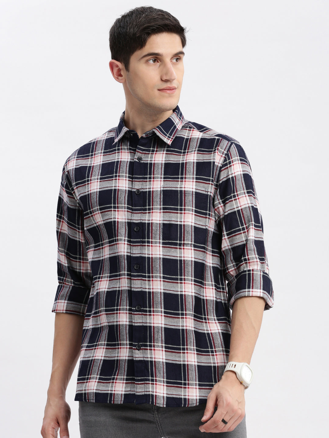 Men Spread Collar Tartan Checks Navy Blue Shirt