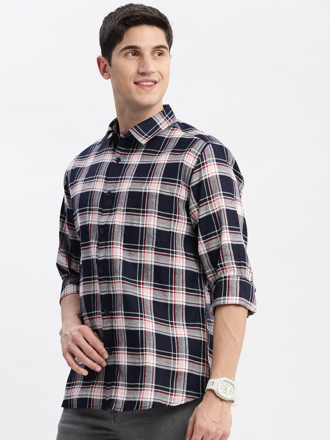 Men Spread Collar Tartan Checks Navy Blue Shirt