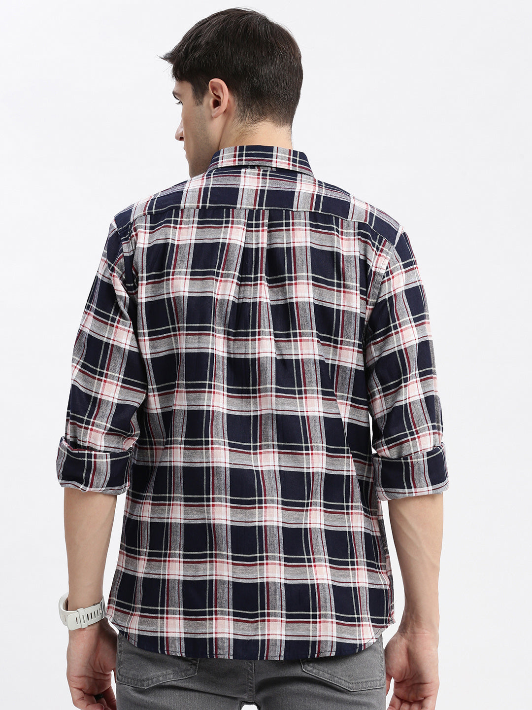 Men Spread Collar Tartan Checks Navy Blue Shirt