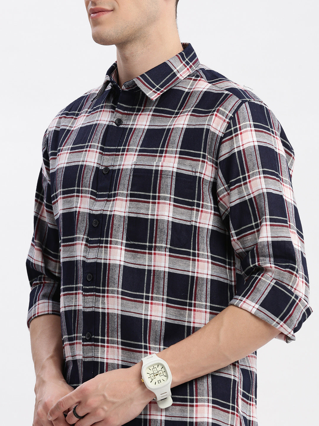 Men Spread Collar Tartan Checks Navy Blue Shirt