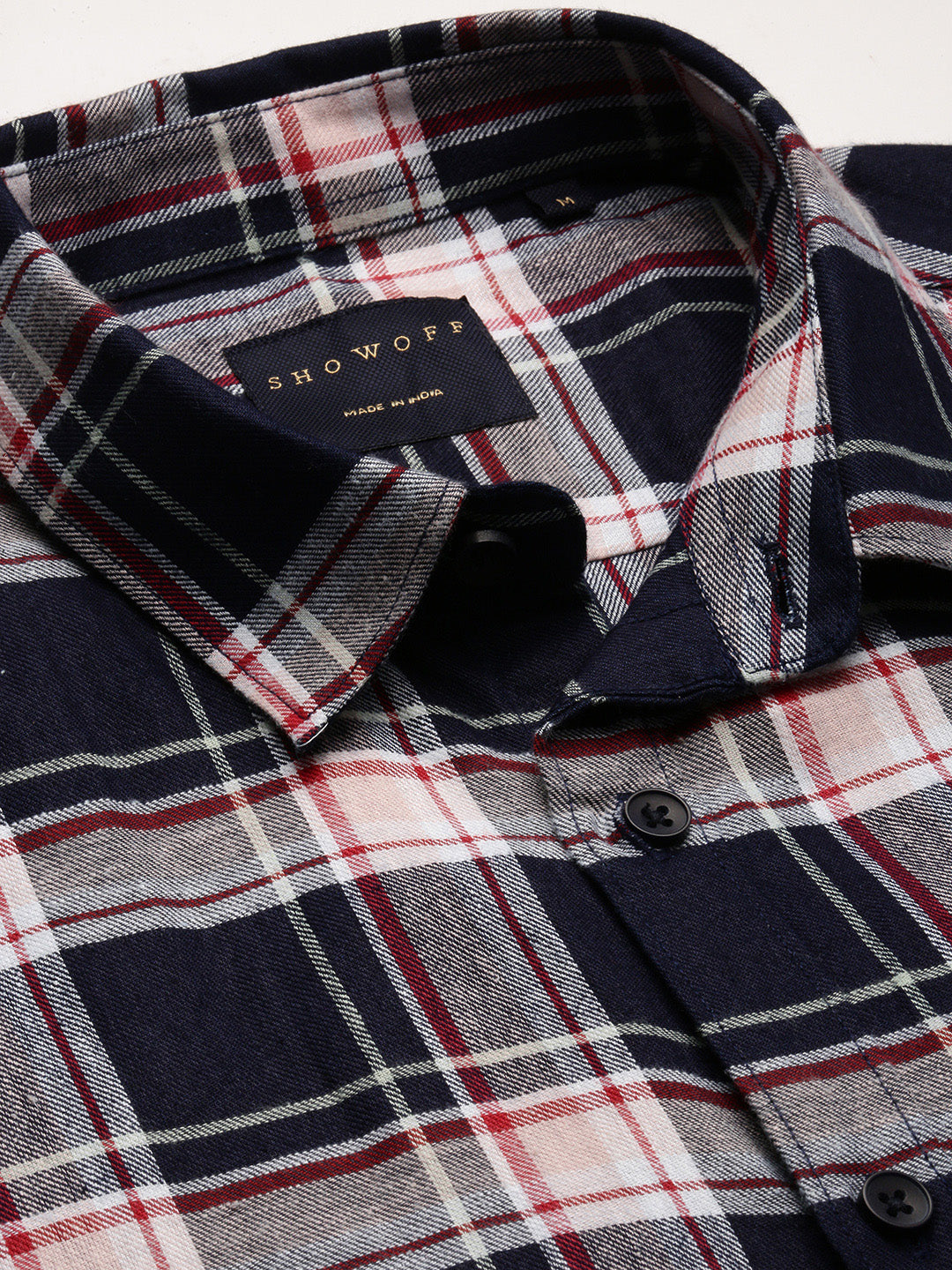 Men Spread Collar Tartan Checks Navy Blue Shirt