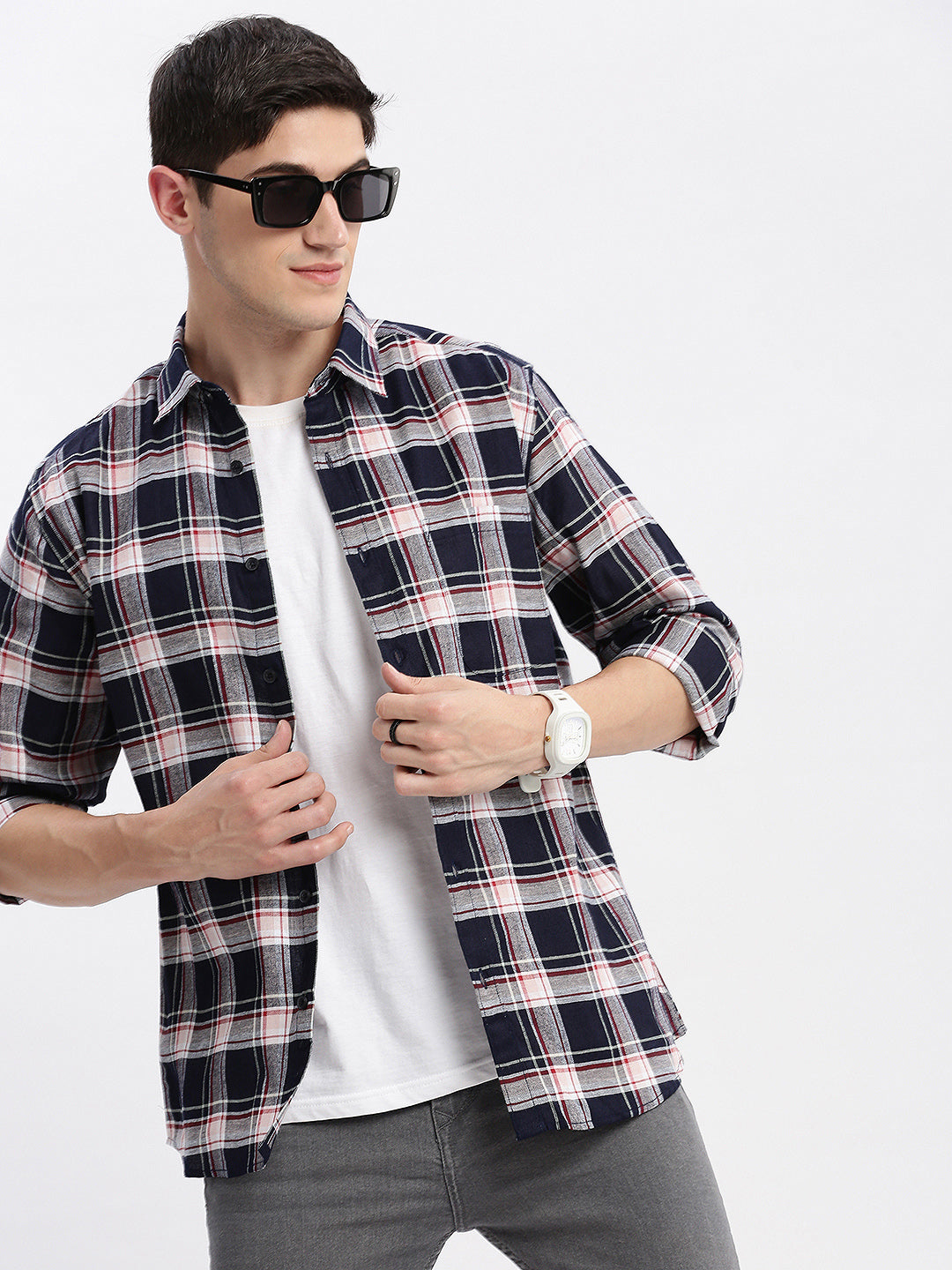 Men Spread Collar Tartan Checks Navy Blue Shirt