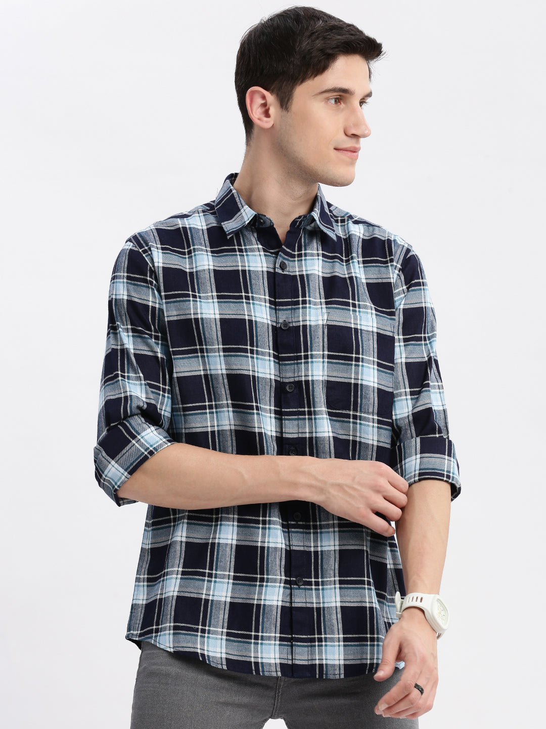 Men Spread Collar Tartan Checks Navy Blue Shirt