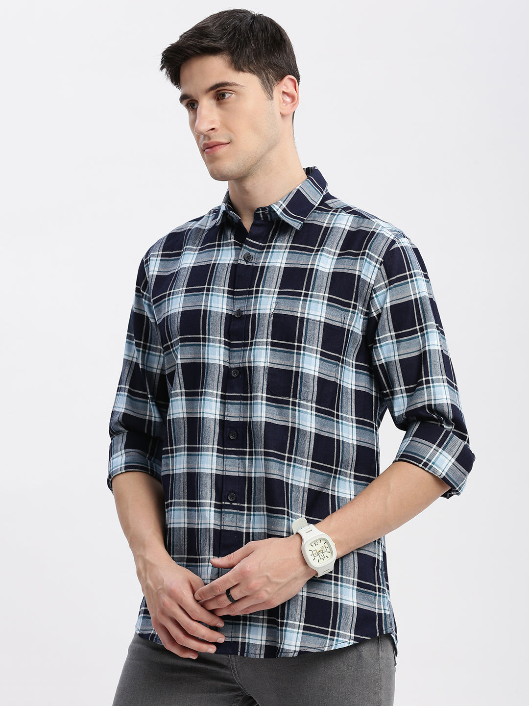 Men Spread Collar Tartan Checks Navy Blue Shirt