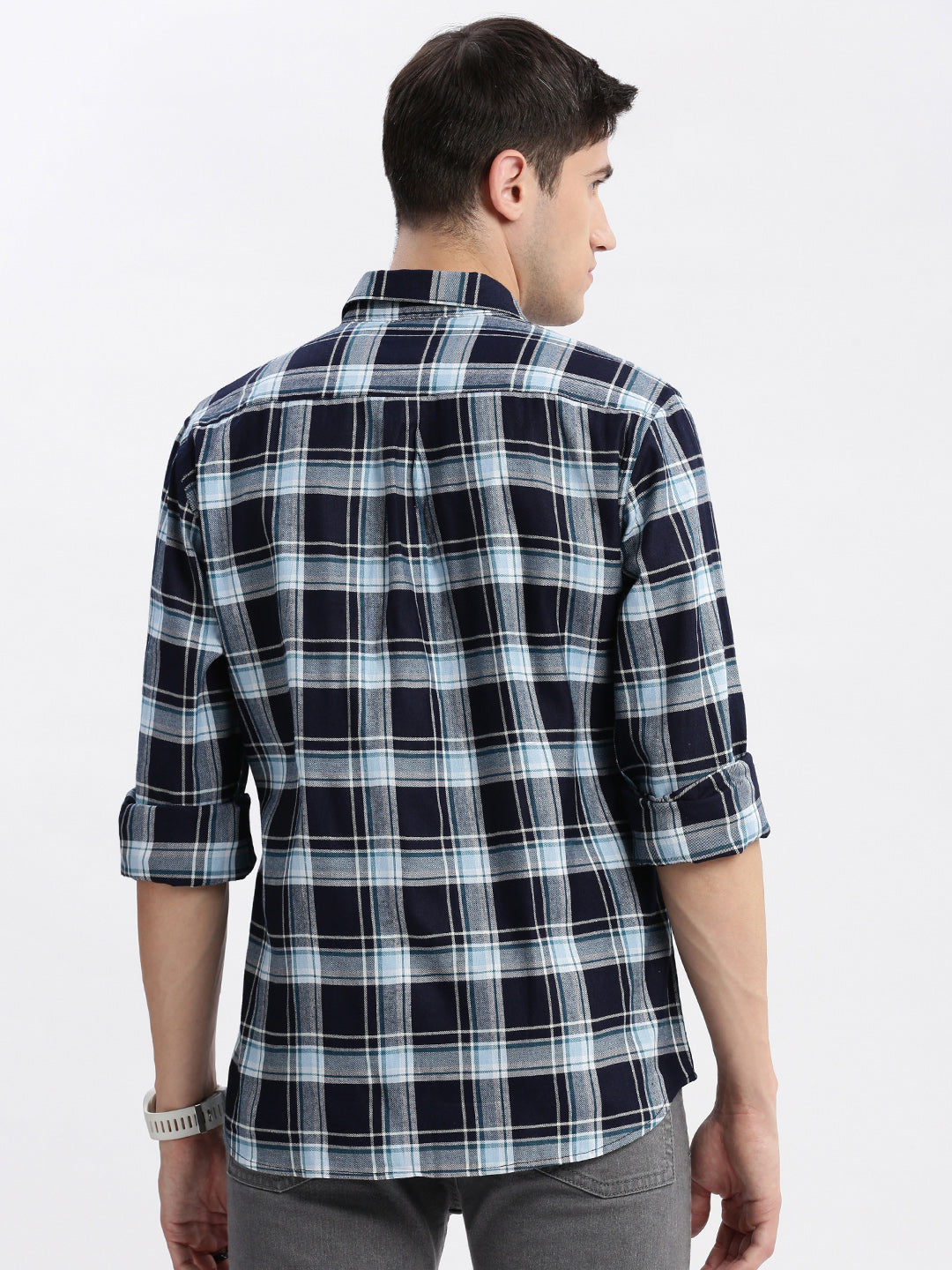 Men Spread Collar Tartan Checks Navy Blue Shirt