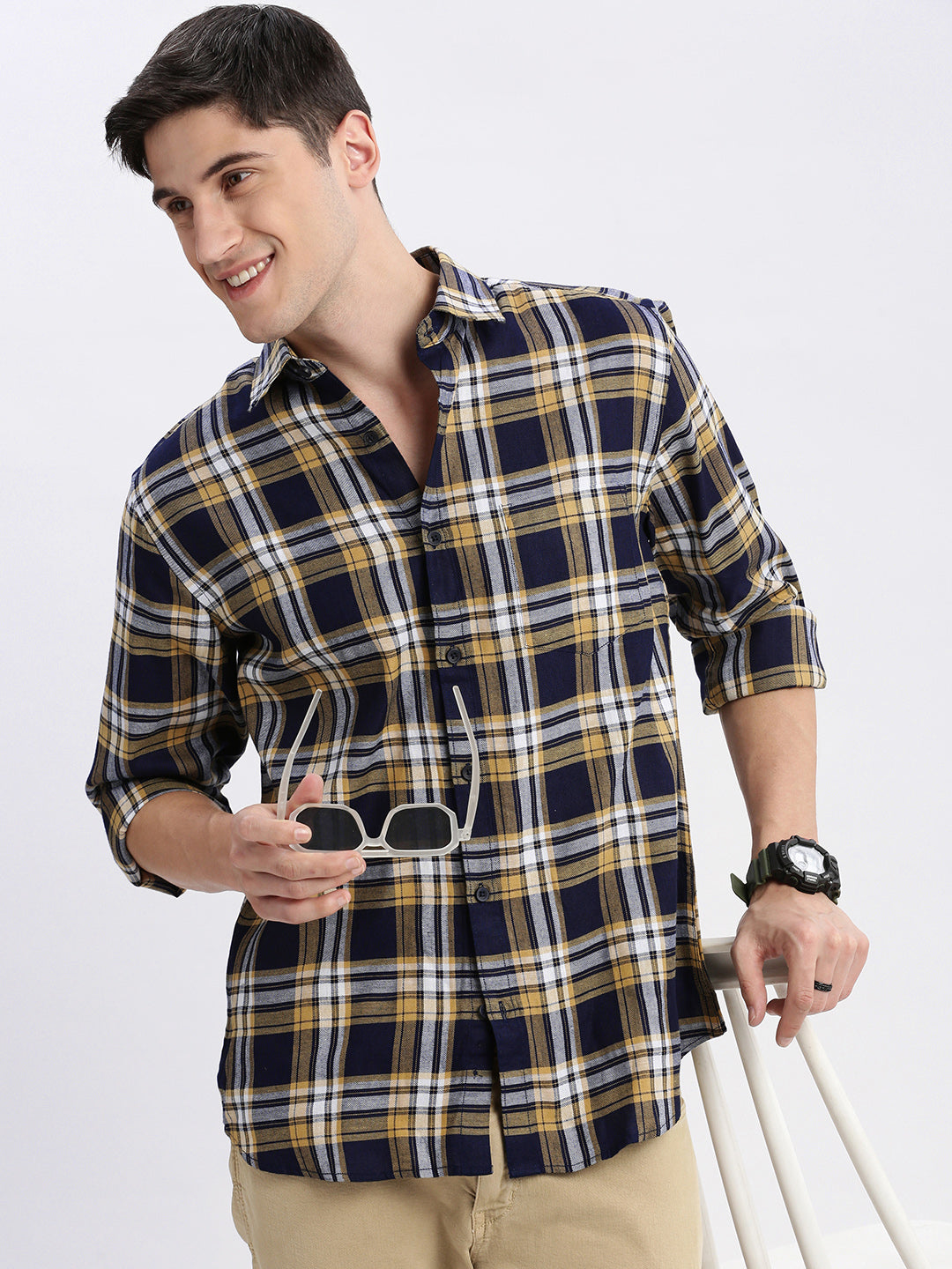 Men Spread Collar Tartan Checks Navy Blue Shirt