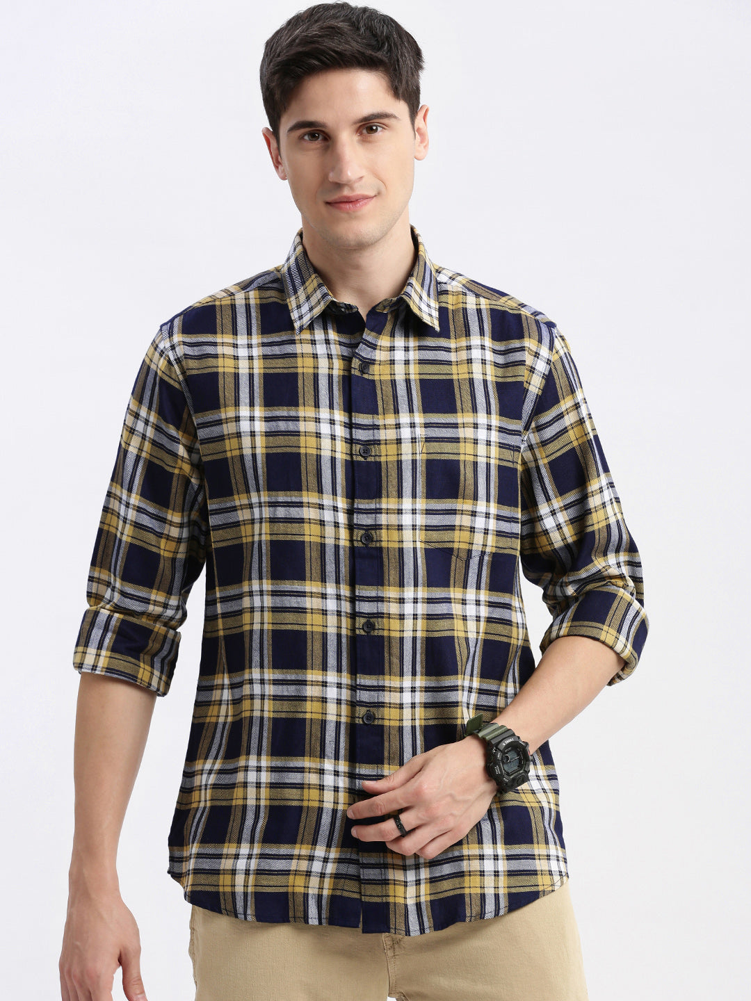 Men Spread Collar Tartan Checks Navy Blue Shirt