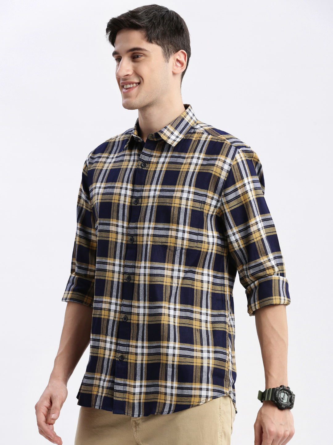 Men Spread Collar Tartan Checks Navy Blue Shirt