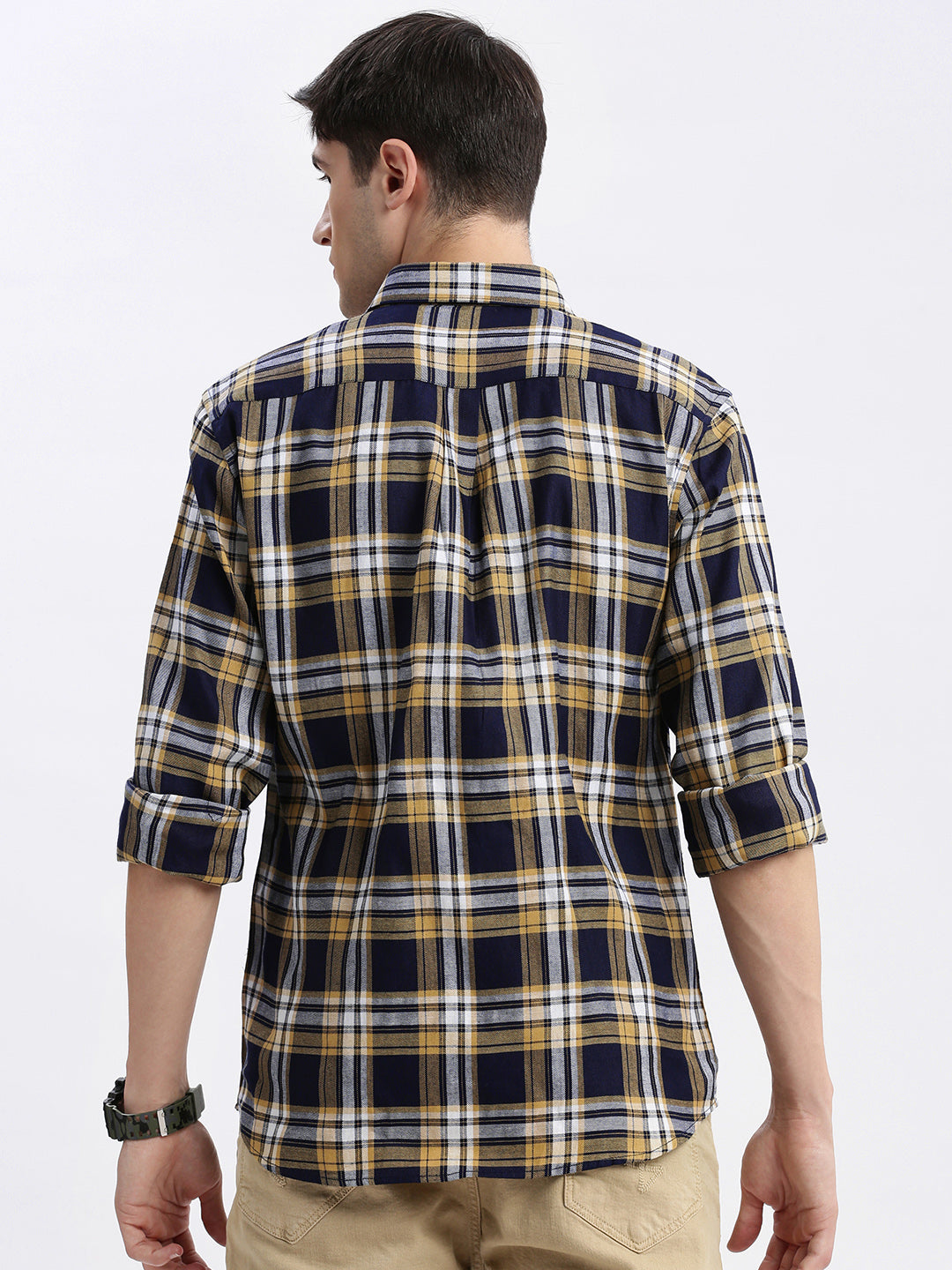 Men Spread Collar Tartan Checks Navy Blue Shirt