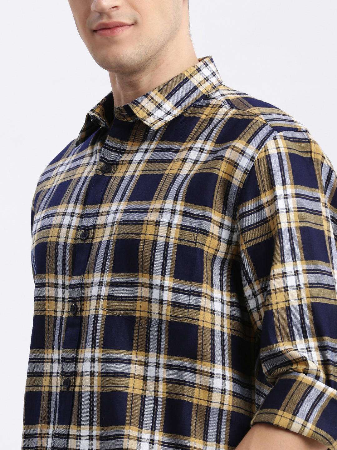 Men Spread Collar Tartan Checks Navy Blue Shirt