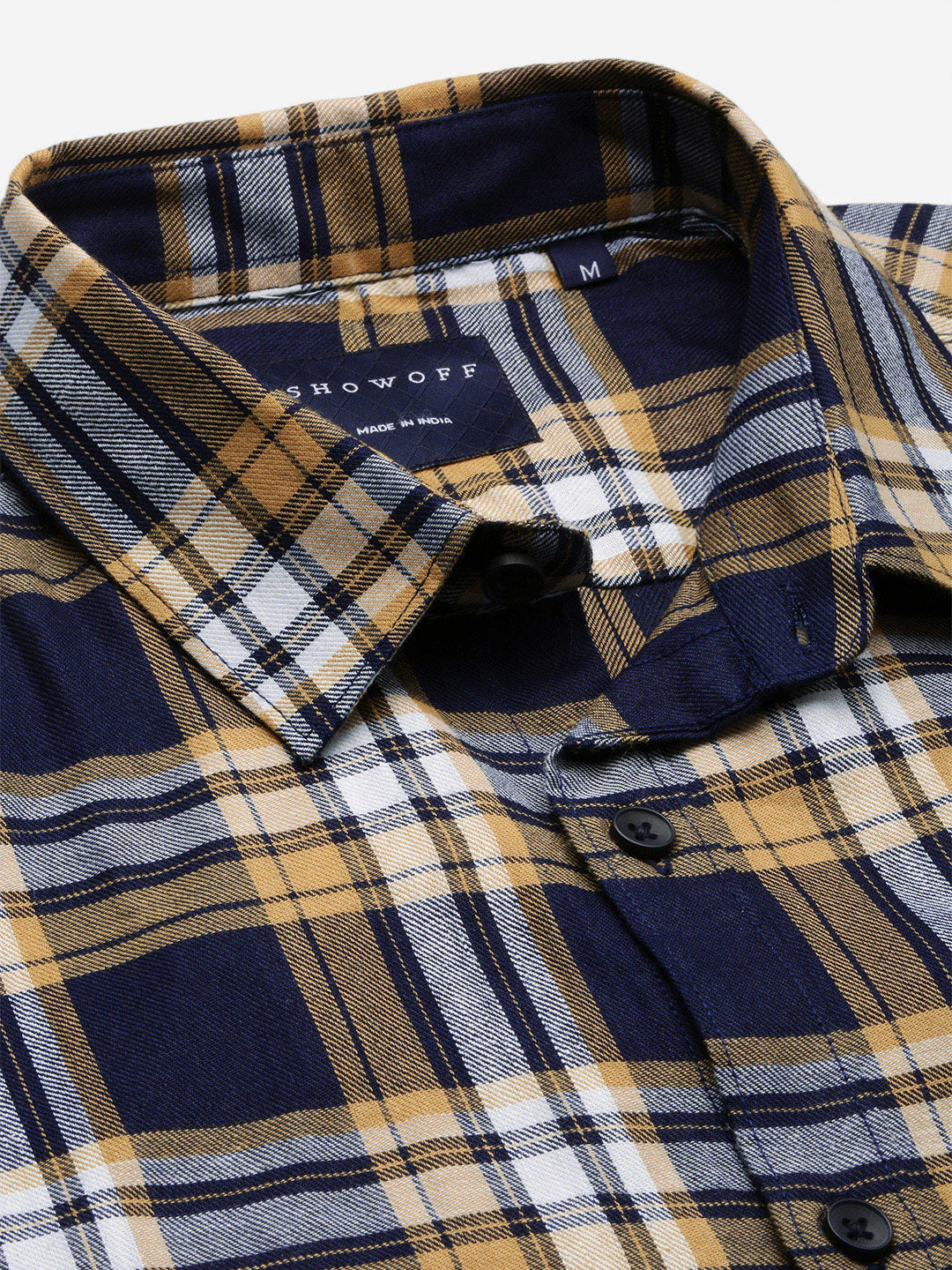 Men Spread Collar Tartan Checks Navy Blue Shirt