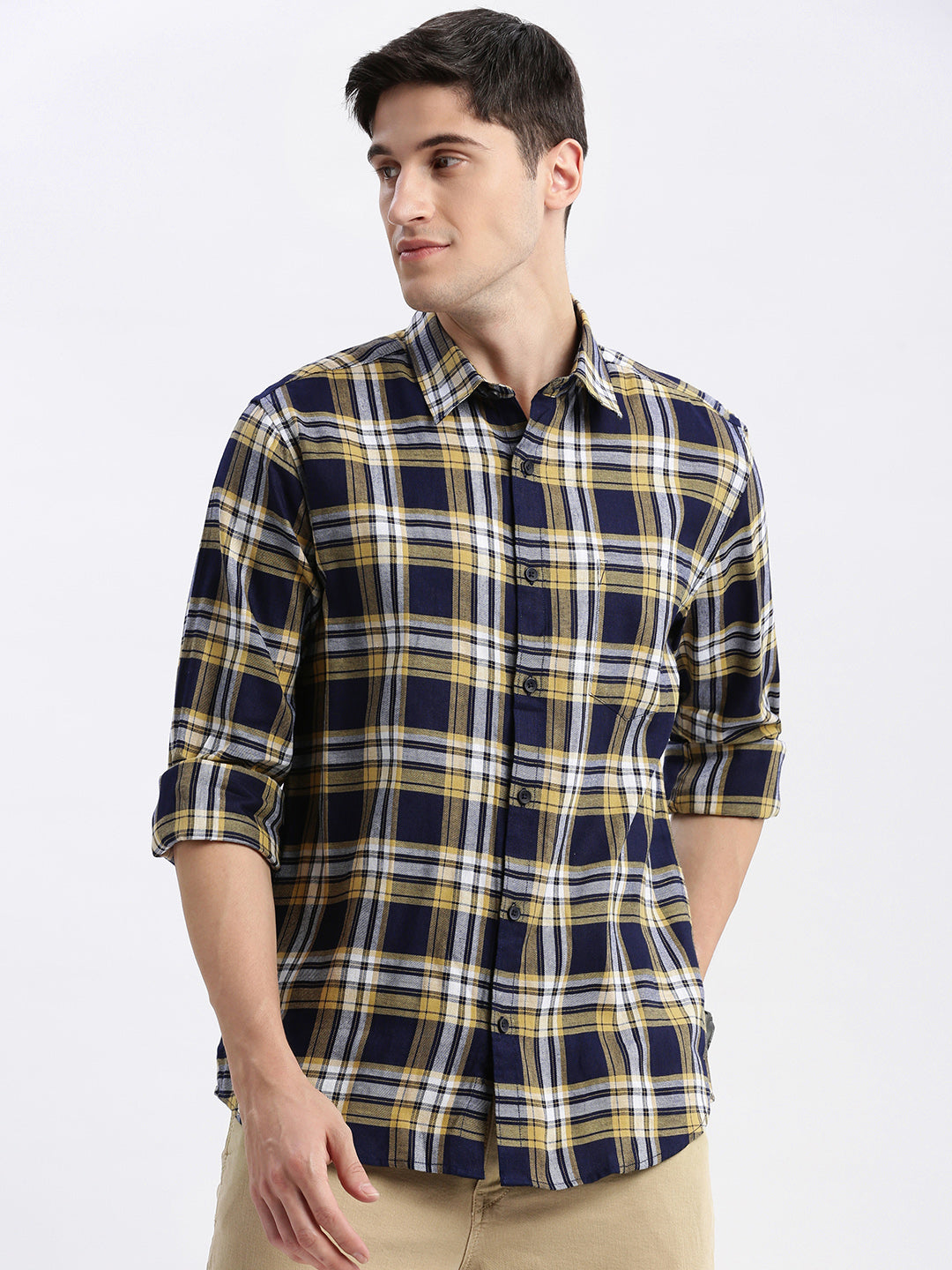 Men Spread Collar Tartan Checks Navy Blue Shirt