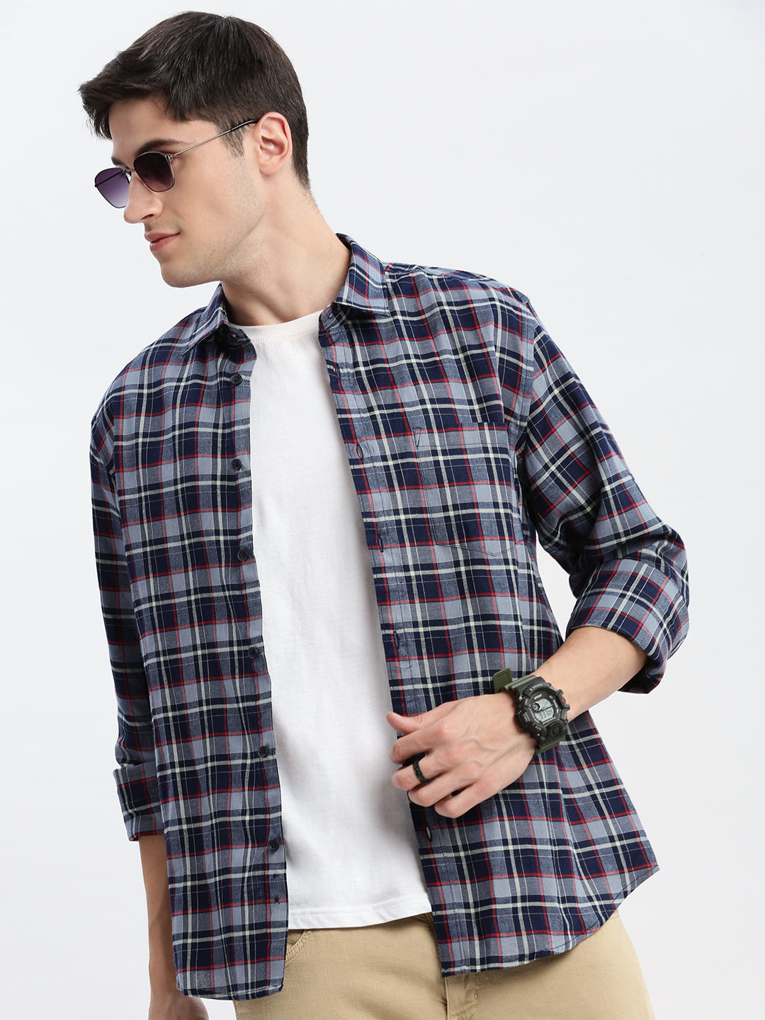 Men Spread Collar Tartan Checks Grey Shirt