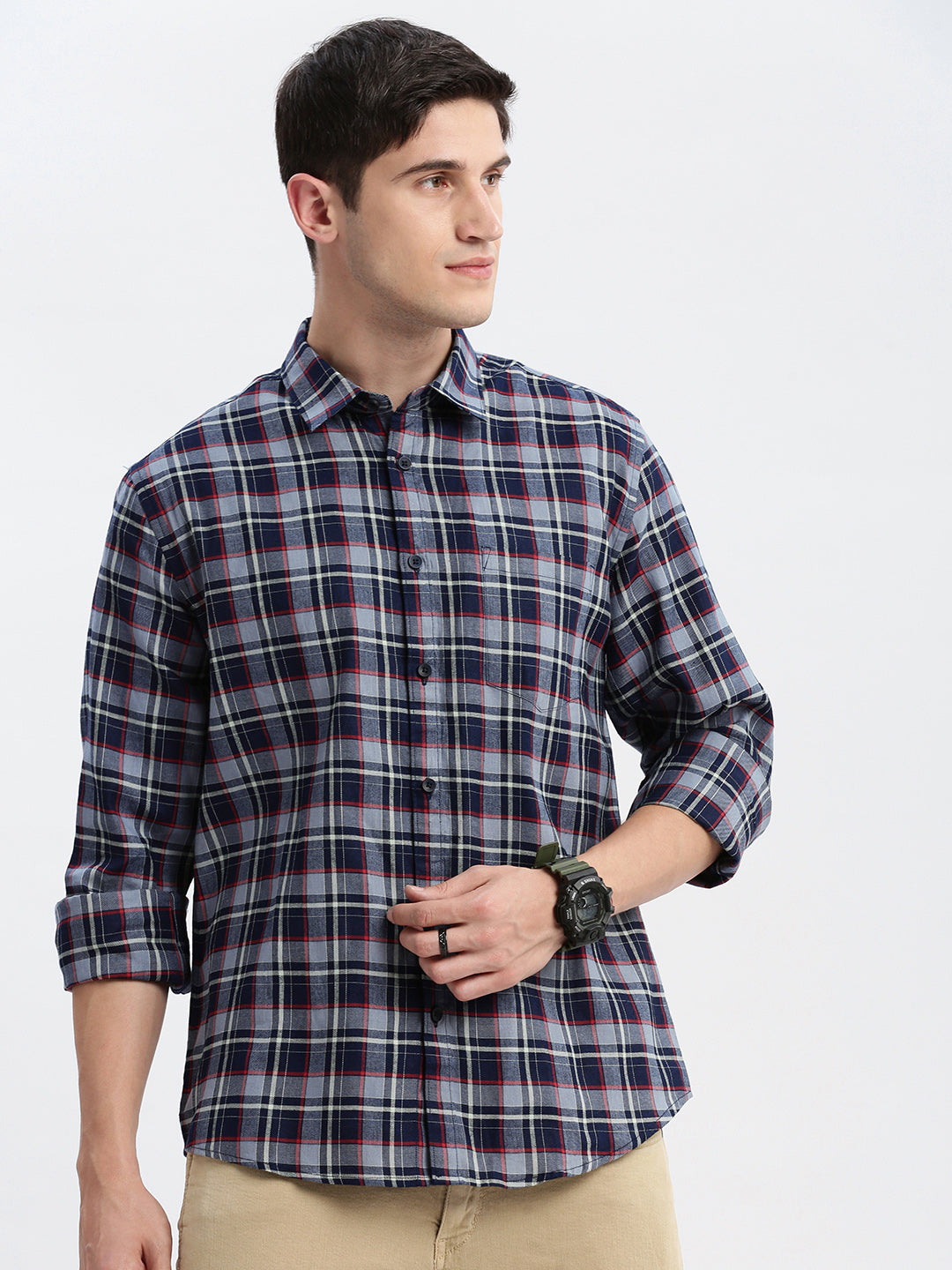 Men Spread Collar Tartan Checks Grey Shirt