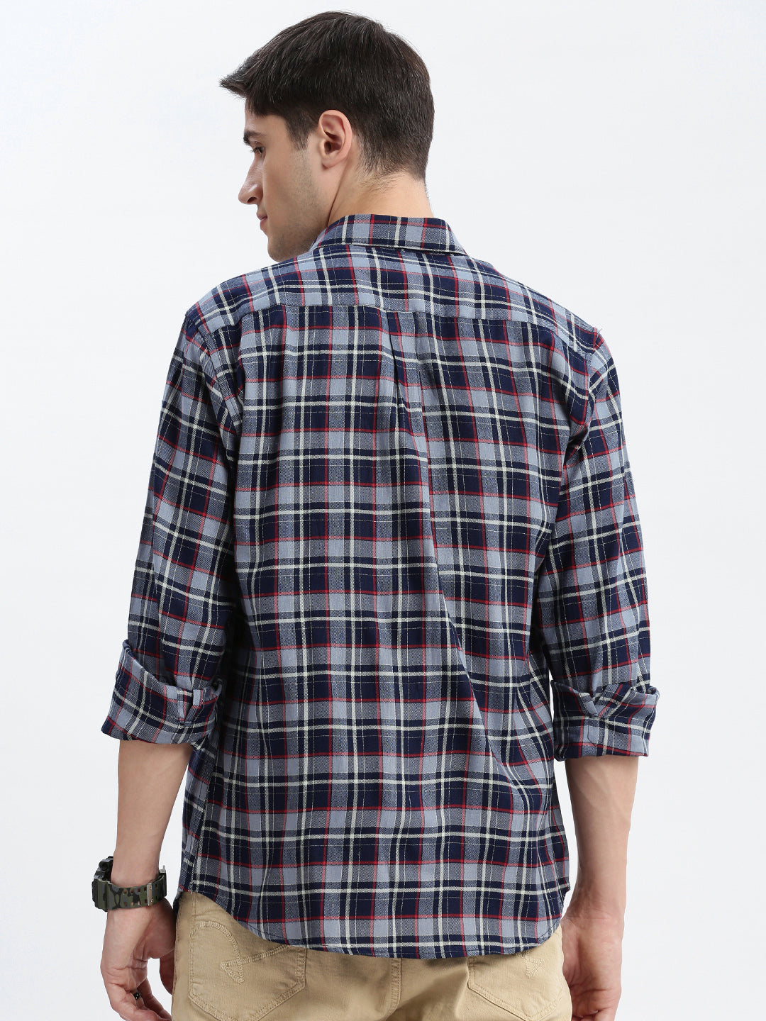 Men Spread Collar Tartan Checks Grey Shirt