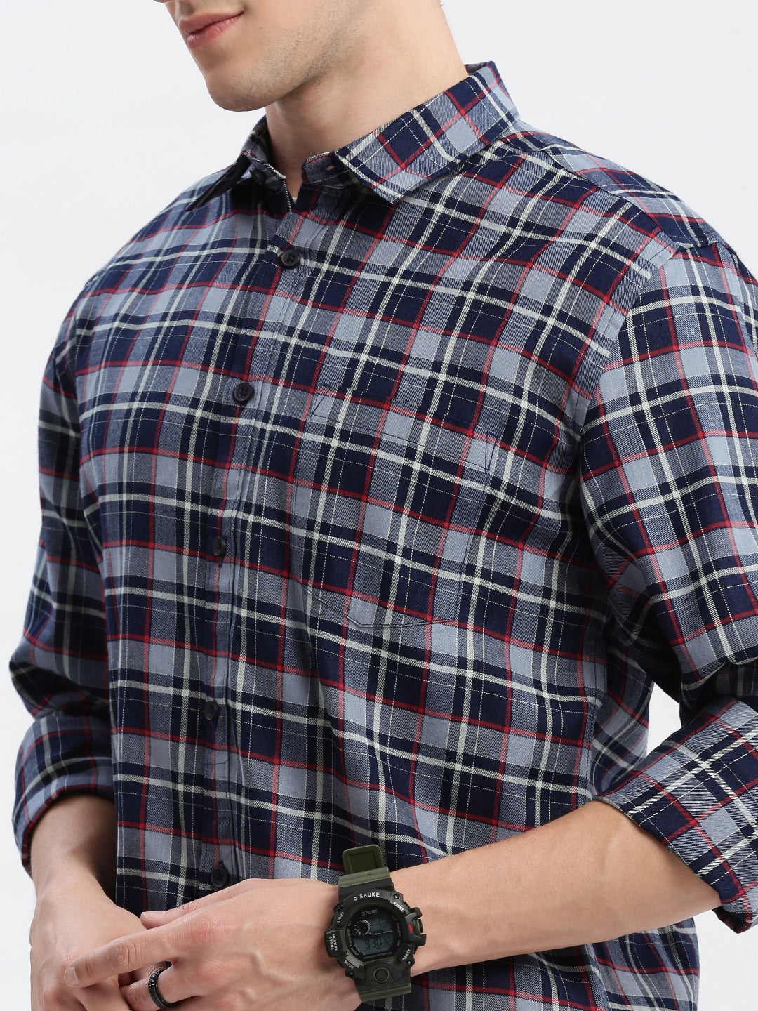 Men Spread Collar Tartan Checks Grey Shirt