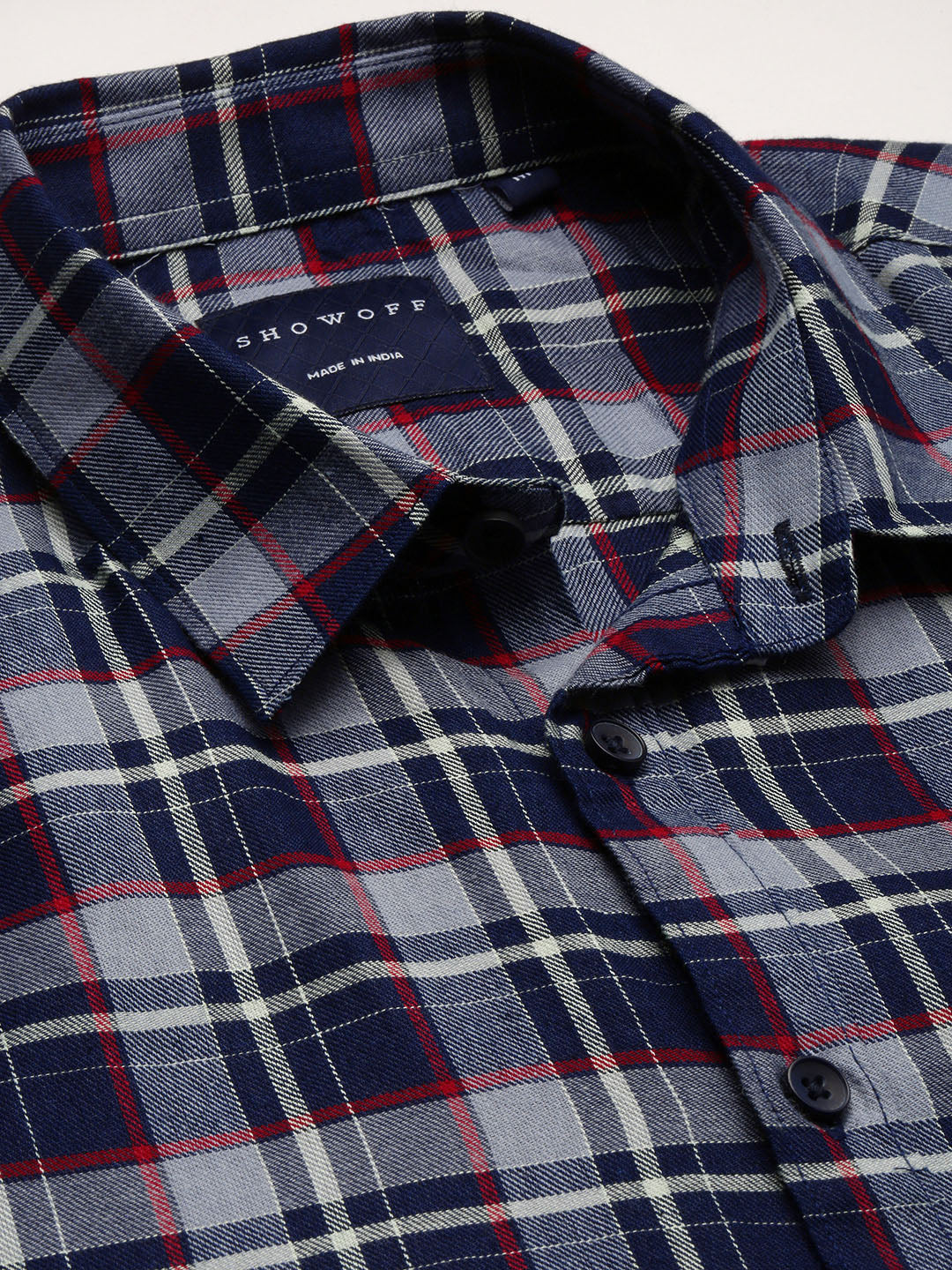 Men Spread Collar Tartan Checks Grey Shirt