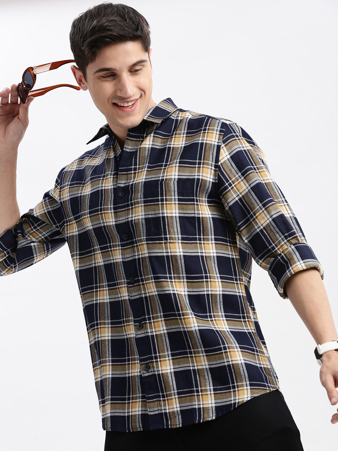 Men Spread Collar Tartan Checks Navy Blue Shirt