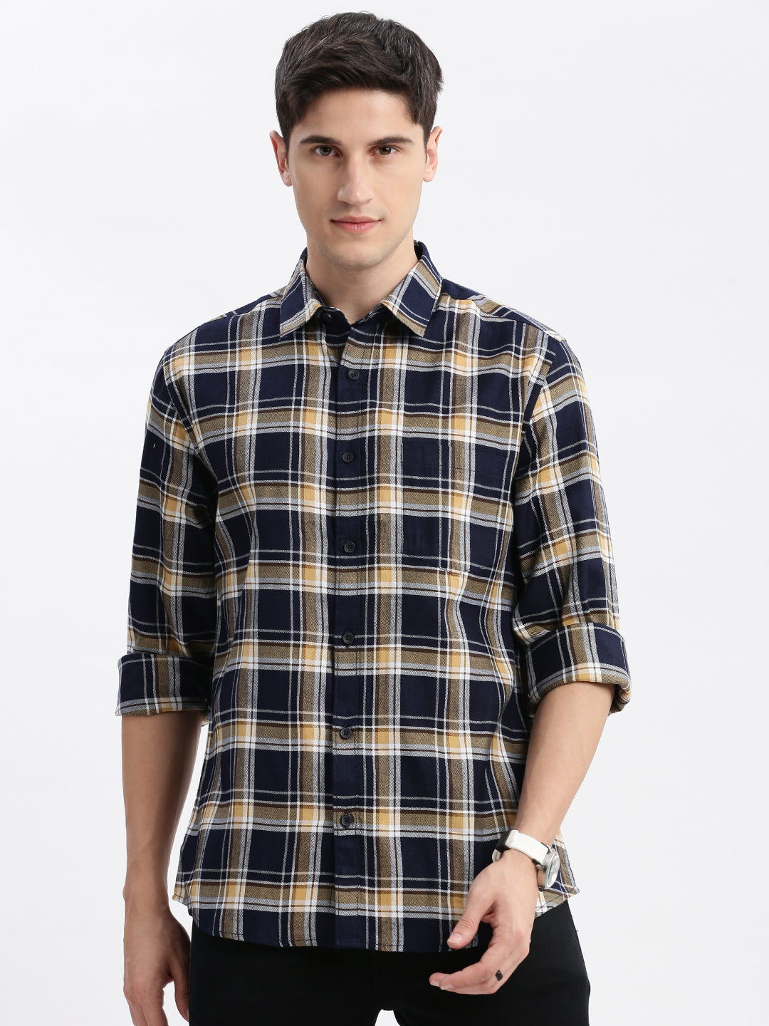 Men Spread Collar Tartan Checks Navy Blue Shirt