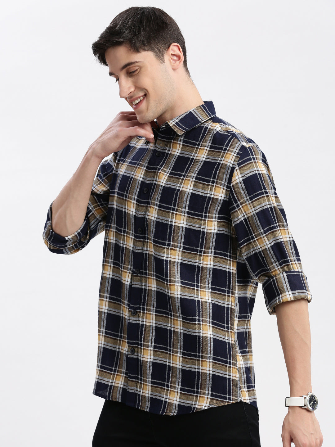 Men Spread Collar Tartan Checks Navy Blue Shirt