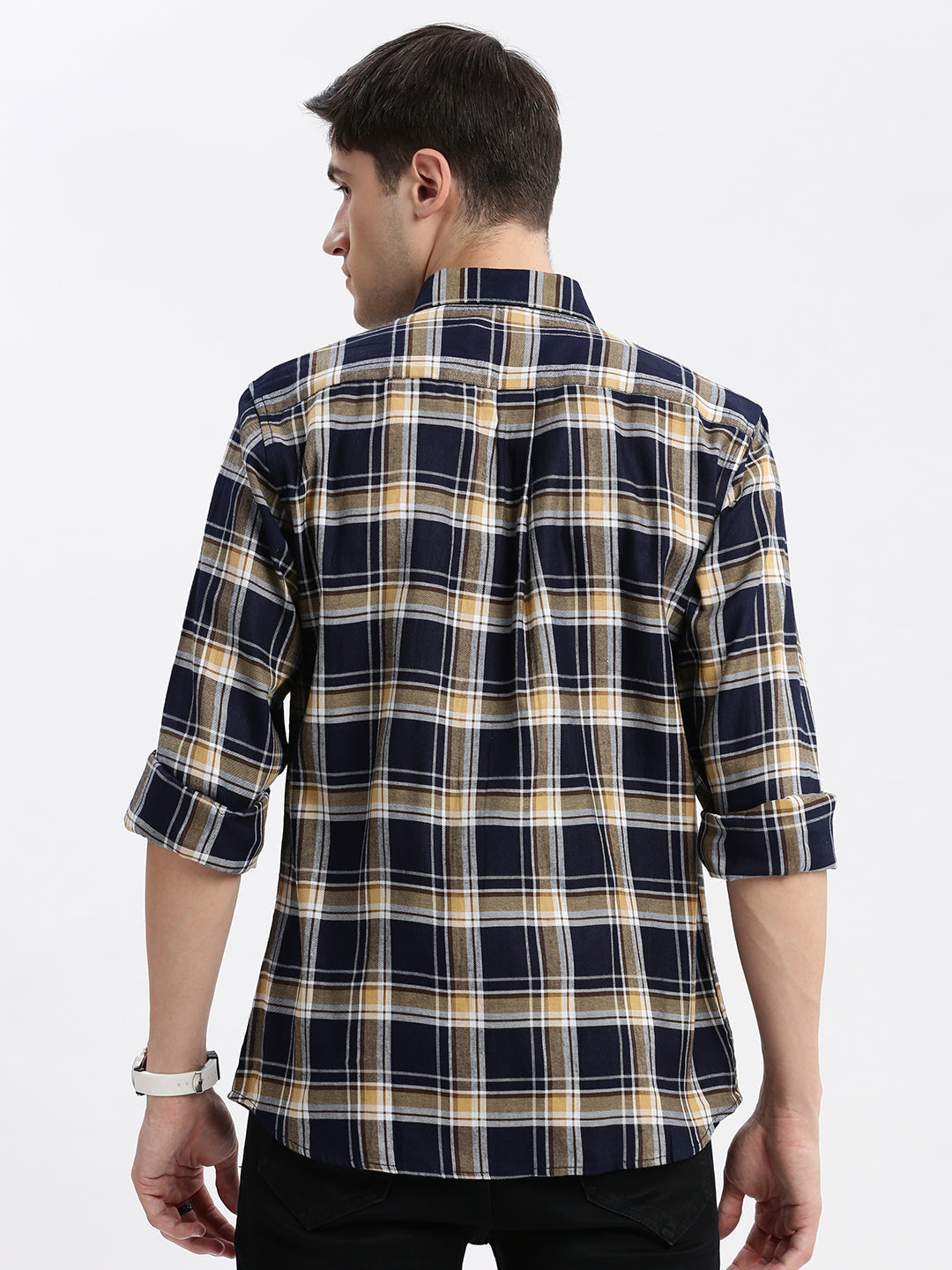 Men Spread Collar Tartan Checks Navy Blue Shirt