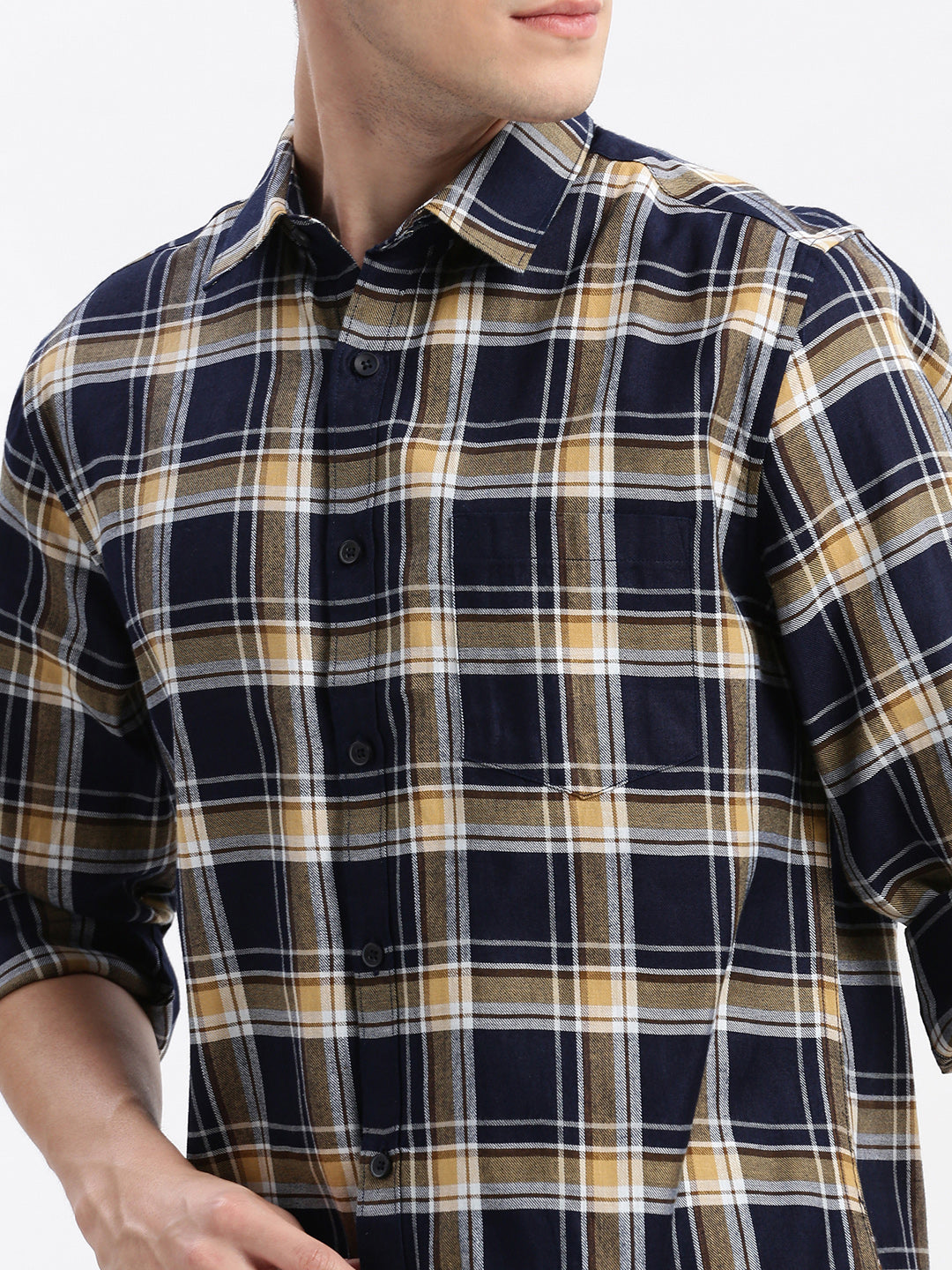 Men Spread Collar Tartan Checks Navy Blue Shirt