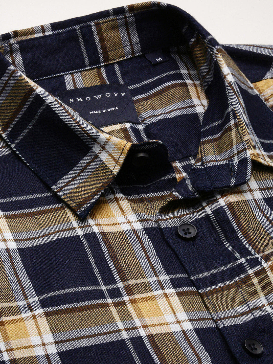 Men Spread Collar Tartan Checks Navy Blue Shirt