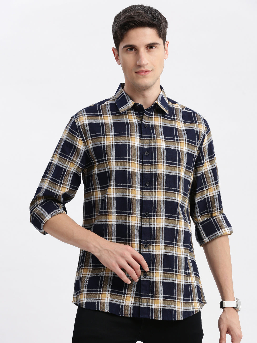 Men Spread Collar Tartan Checks Navy Blue Shirt