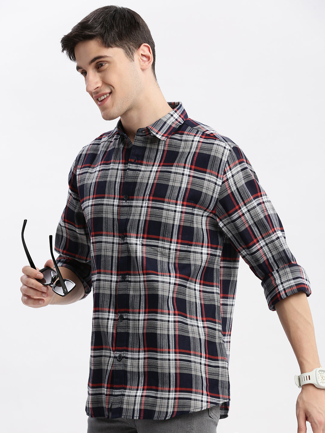 Men Spread Collar Tartan Checks Navy Blue Shirt