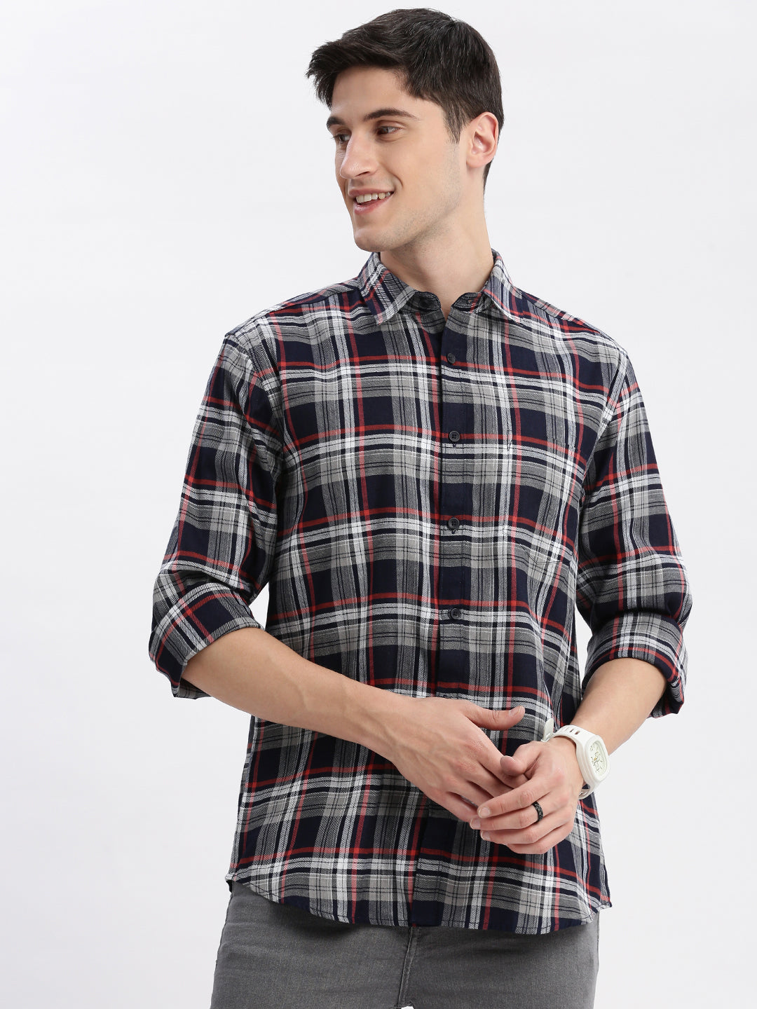 Men Spread Collar Tartan Checks Navy Blue Shirt