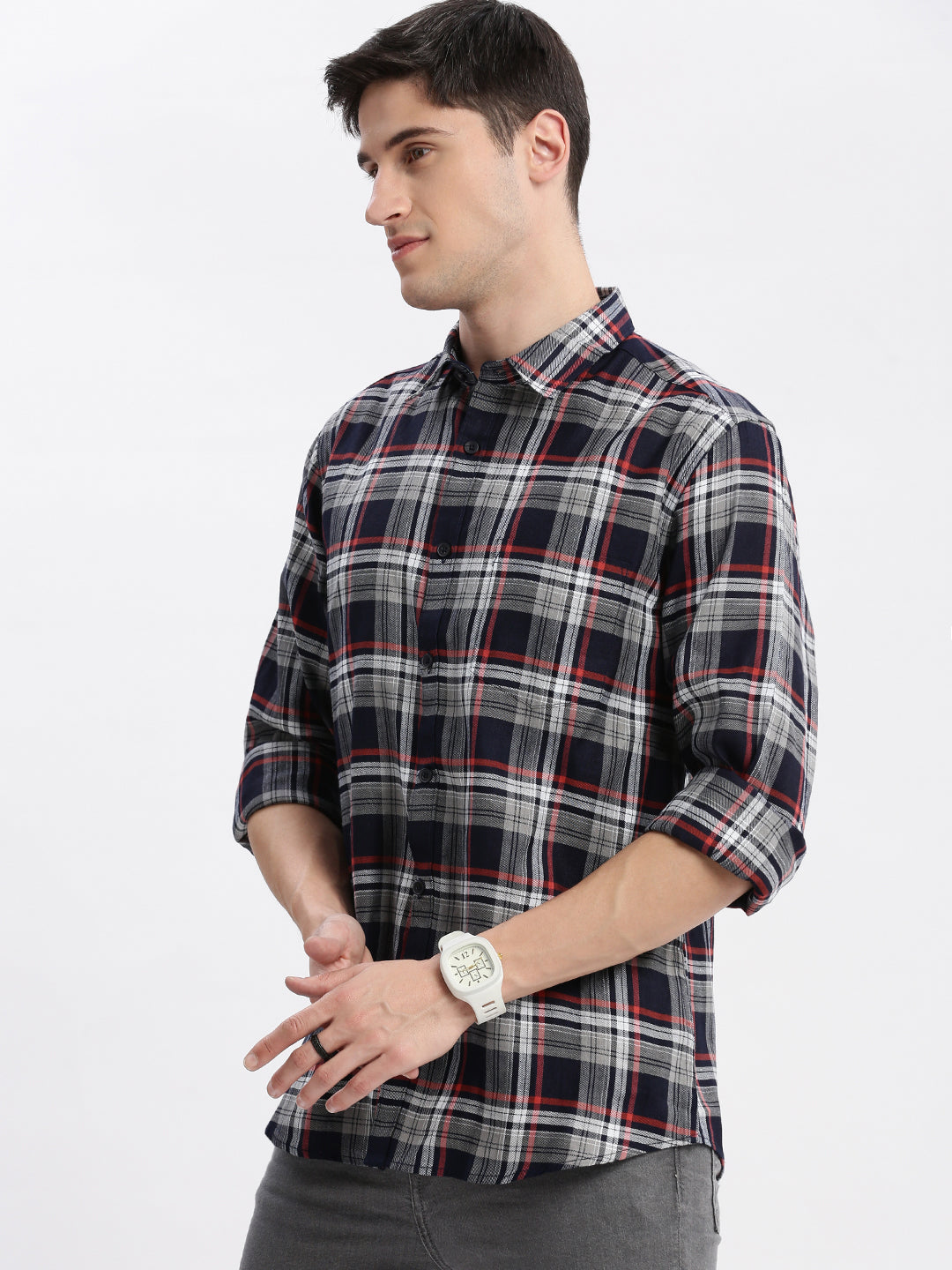 Men Spread Collar Tartan Checks Navy Blue Shirt