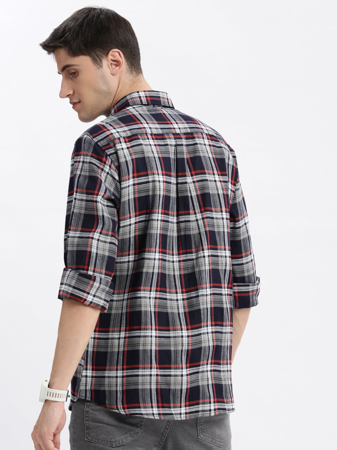 Men Spread Collar Tartan Checks Navy Blue Shirt