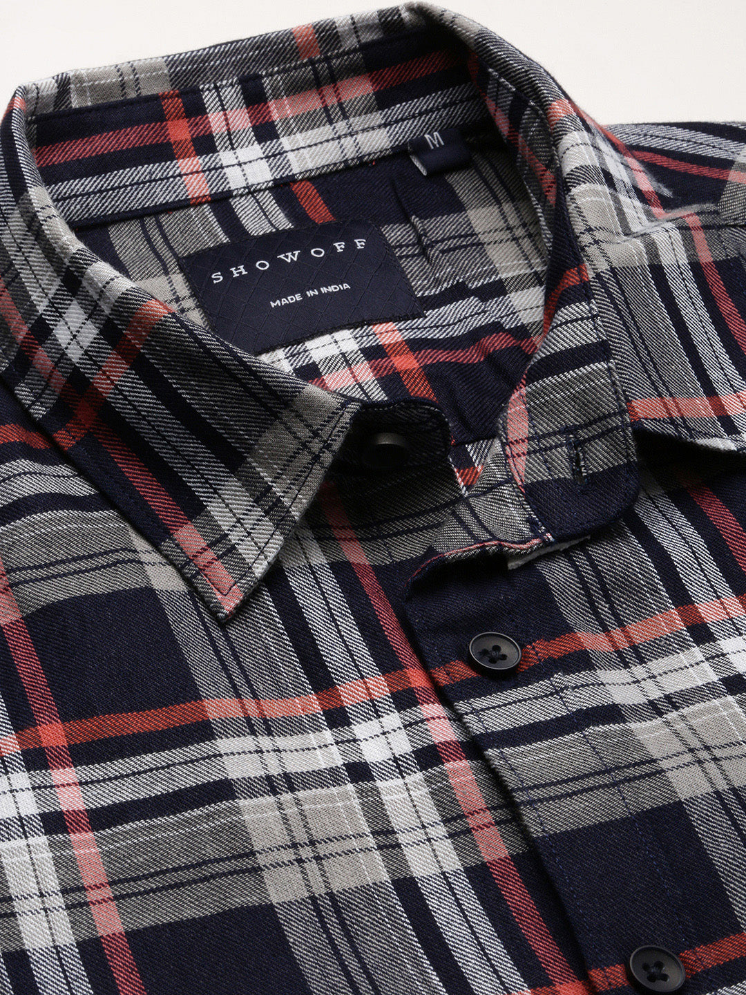 Men Spread Collar Tartan Checks Navy Blue Shirt