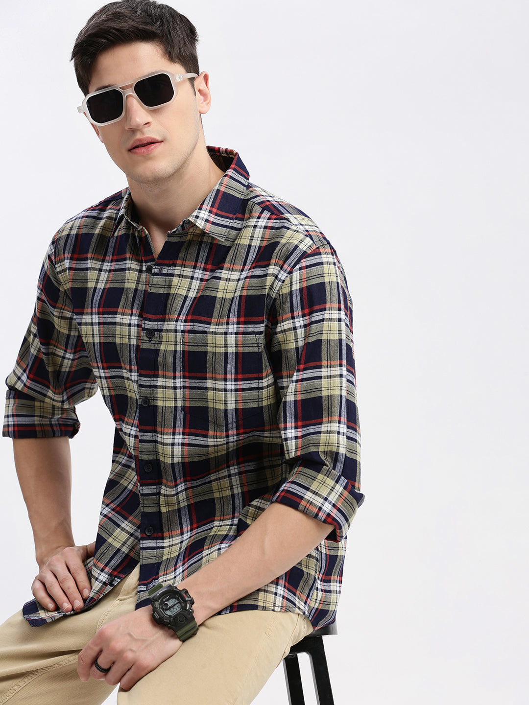 Men Spread Collar Tartan Checks Beige Shirt