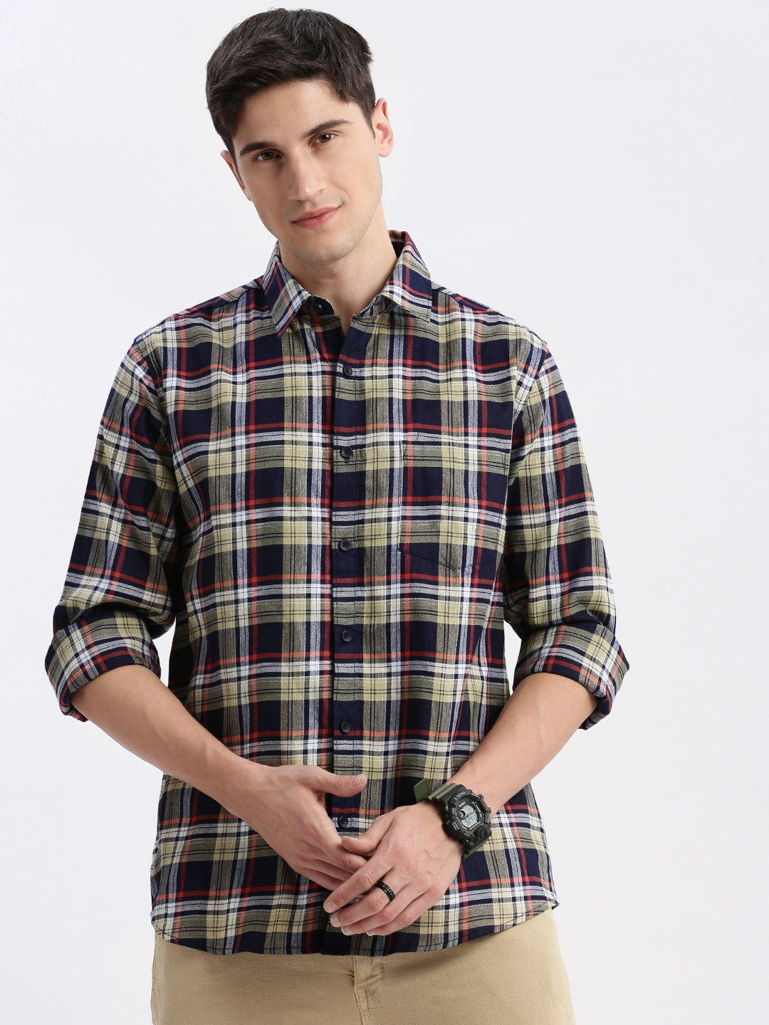 Men Spread Collar Tartan Checks Beige Shirt