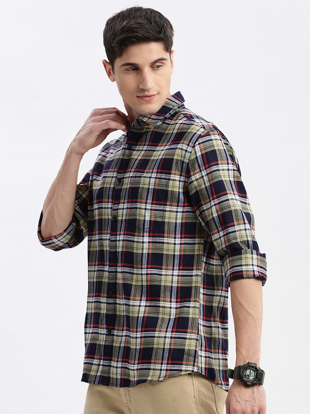 Men Spread Collar Tartan Checks Beige Shirt