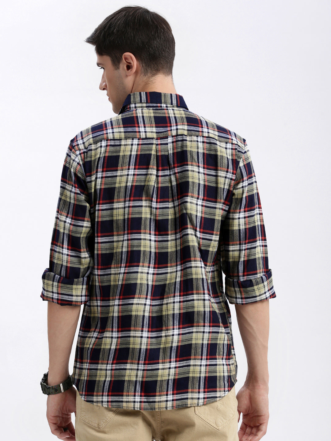 Men Spread Collar Tartan Checks Beige Shirt