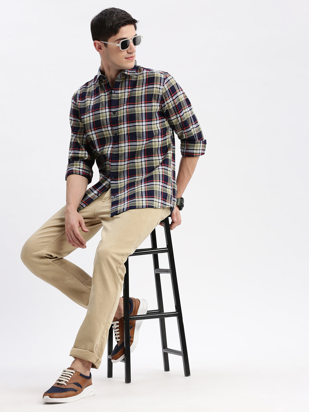 Men Spread Collar Tartan Checks Beige Shirt