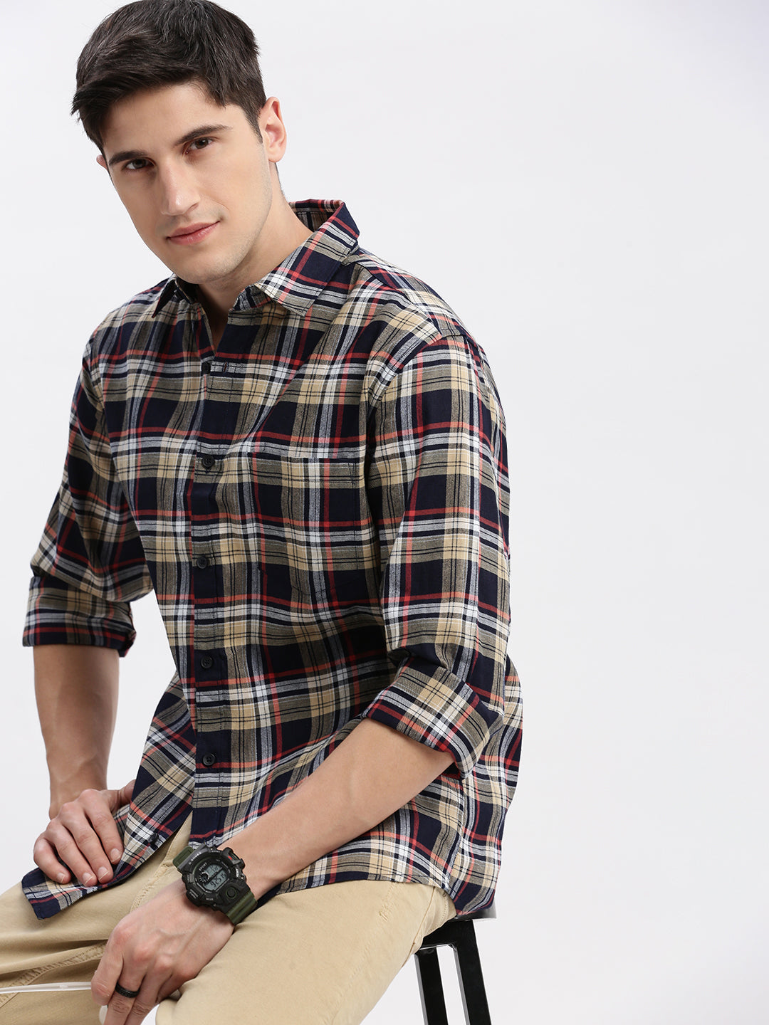 Men Spread Collar Tartan Checks Beige Shirt