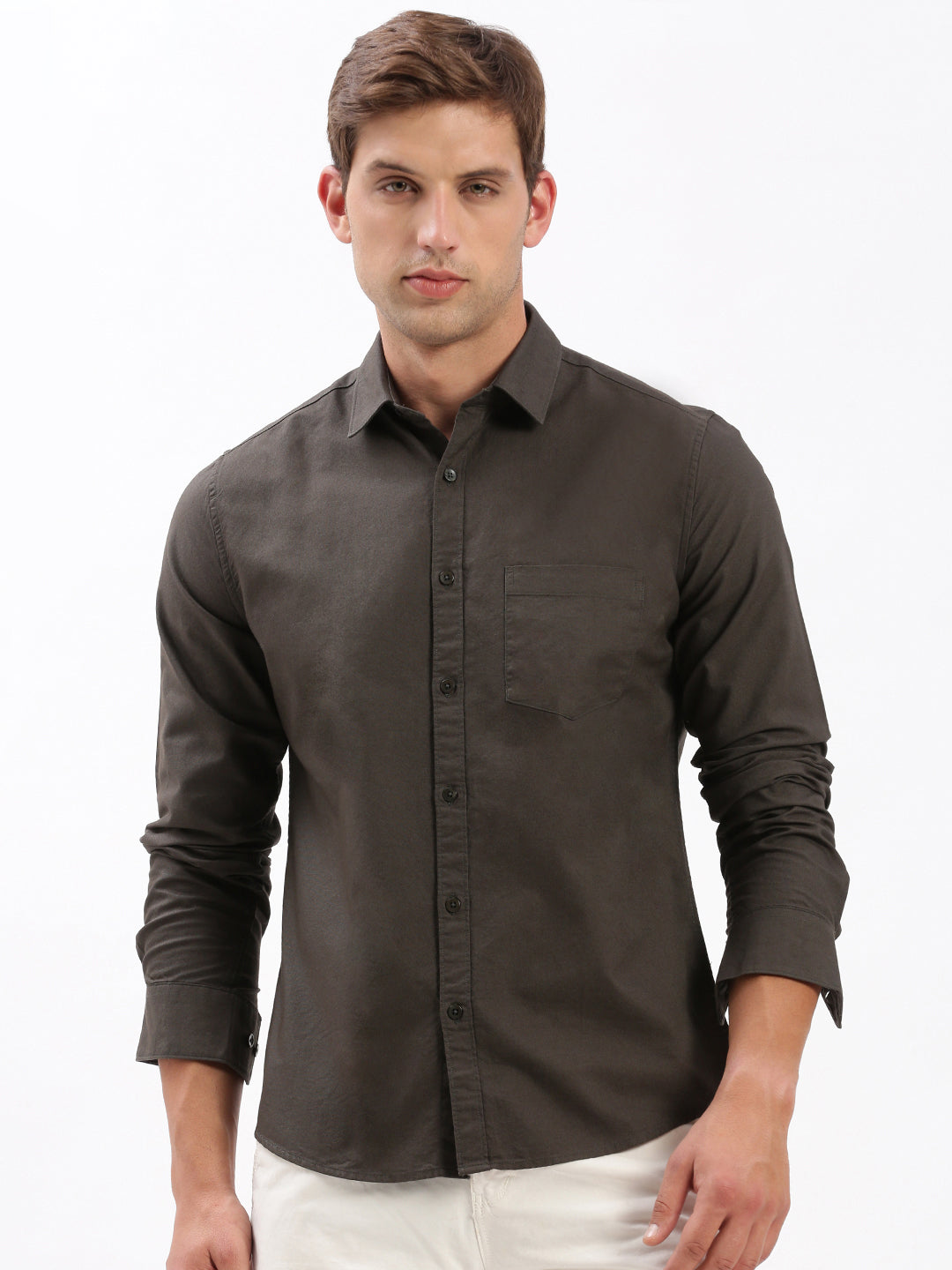 Men Spread Collar Solid Olive Shirt