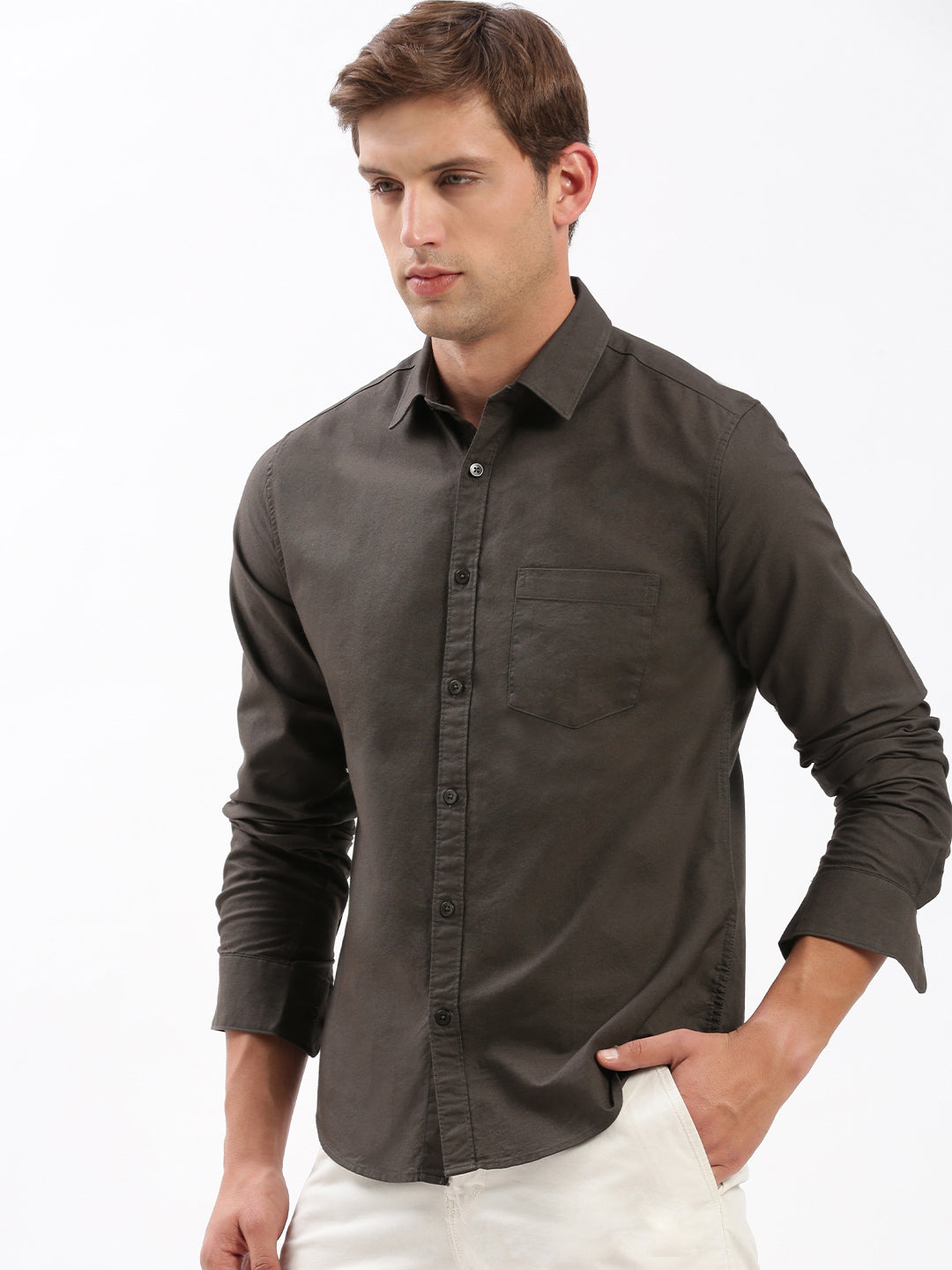 Men Spread Collar Solid Olive Shirt