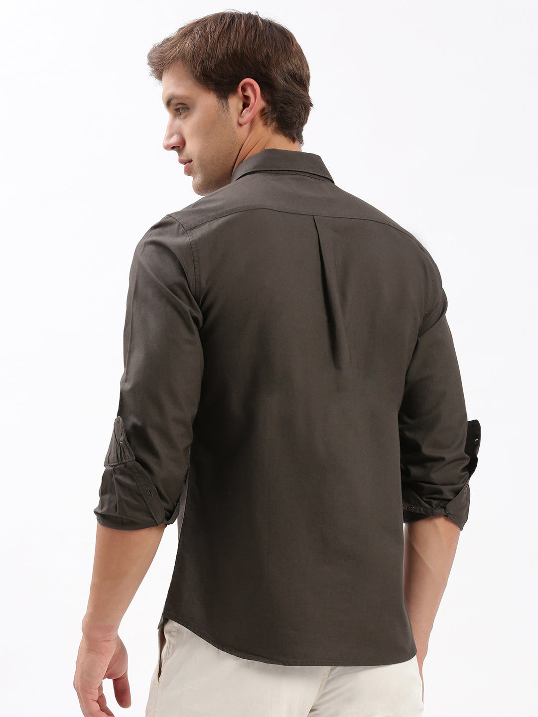 Men Spread Collar Solid Olive Shirt