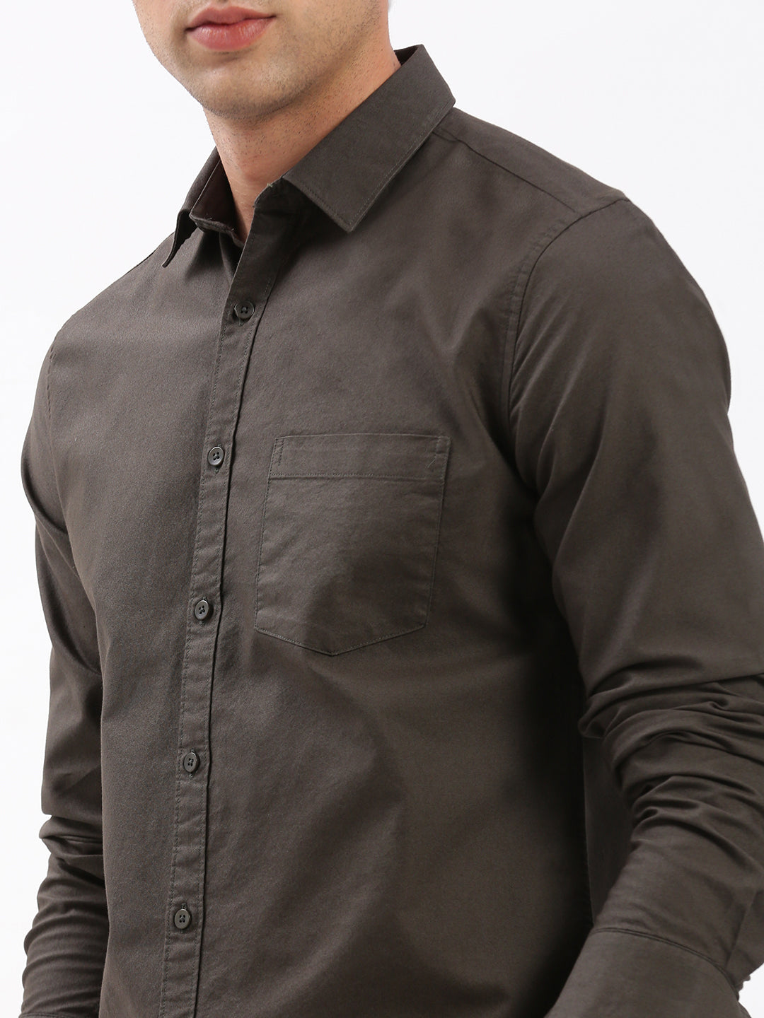 Men Spread Collar Solid Olive Shirt