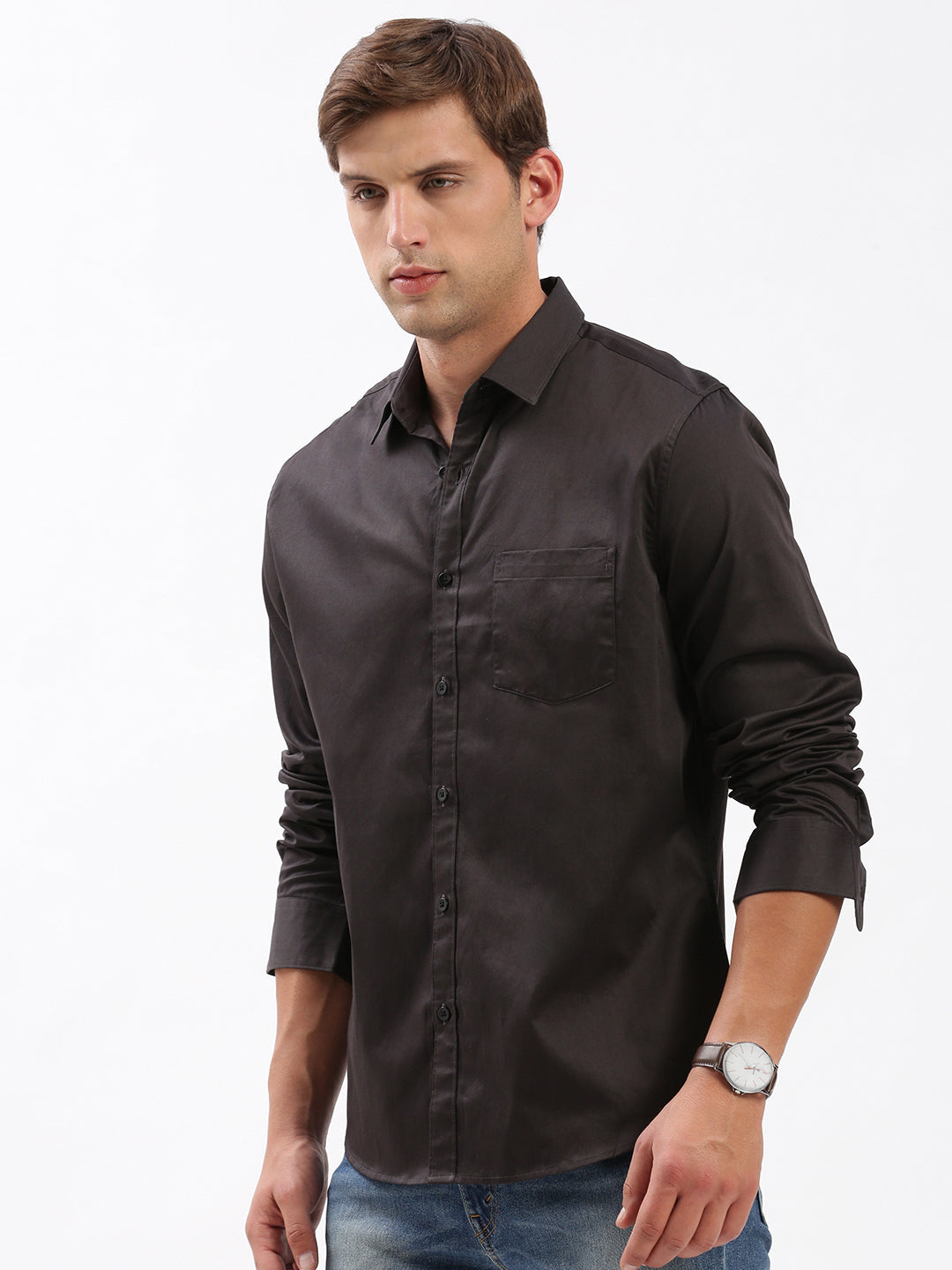 Men Spread Collar Solid Black Shirt